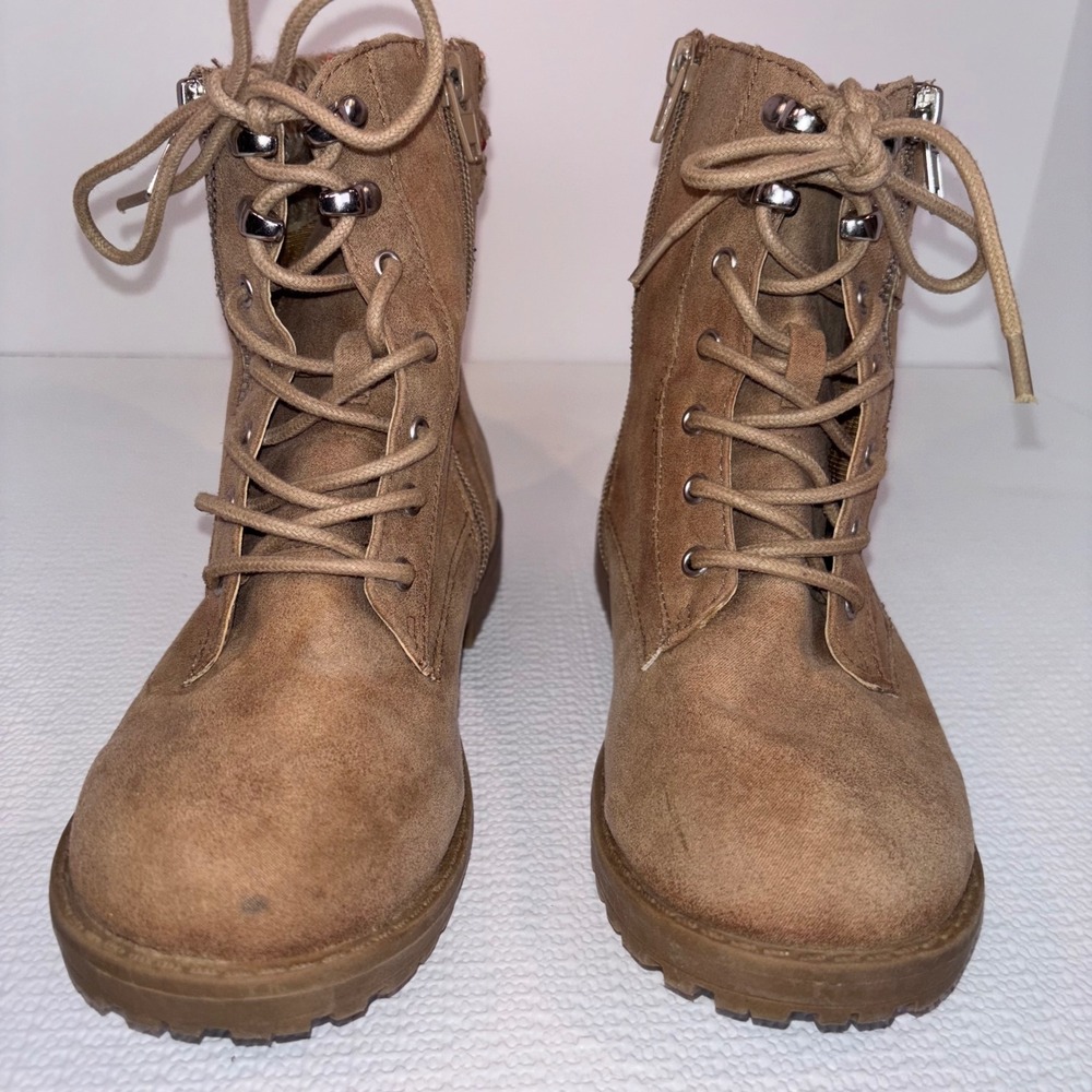 Sugar Tan Faux Suede Knit Cuff Up Zipper Ankle Combat Boots Kids 2 - Picture 5 of 6